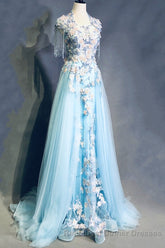 Modest Square Neckline Beading Appliques Sky Blue Long Semi Formal Prom Dresses Pageant Gown